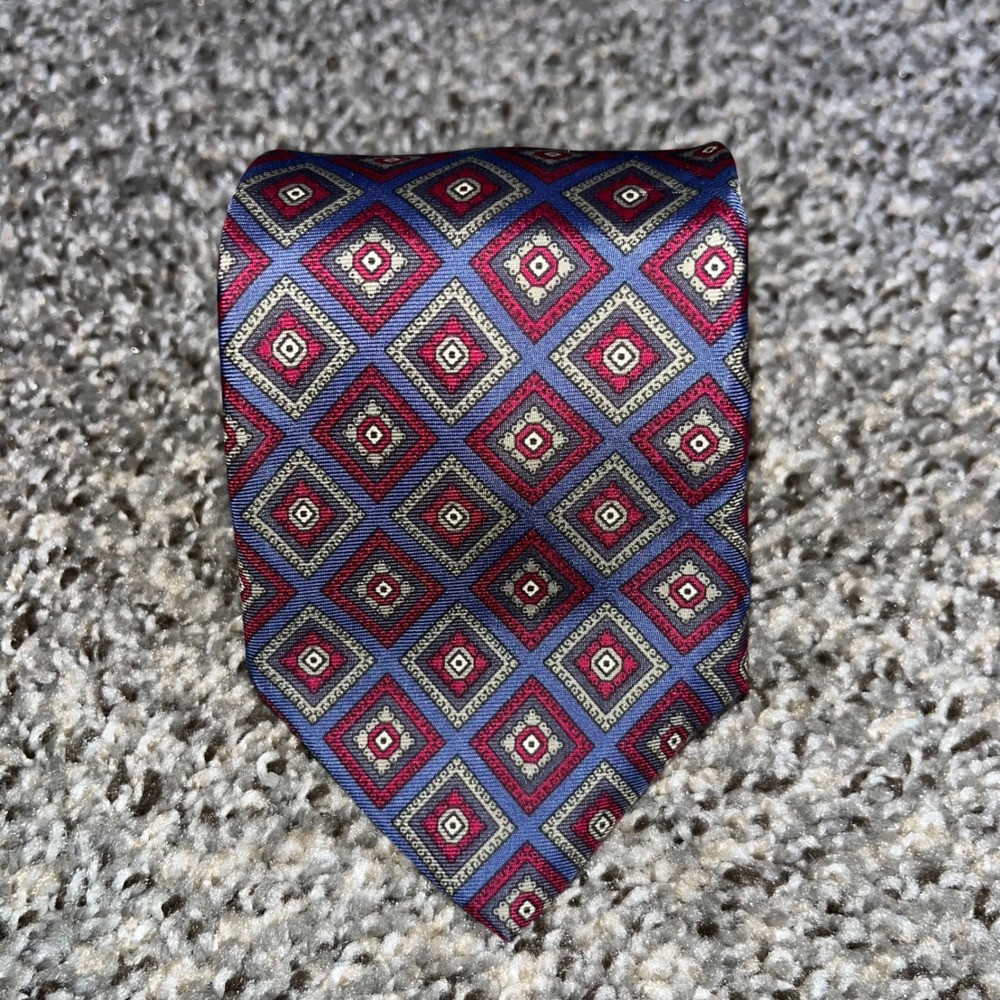 Vintage Givenchy Monsieur Silk Tie Blue Red Geometric Diamond Italy 1980s 3.25"